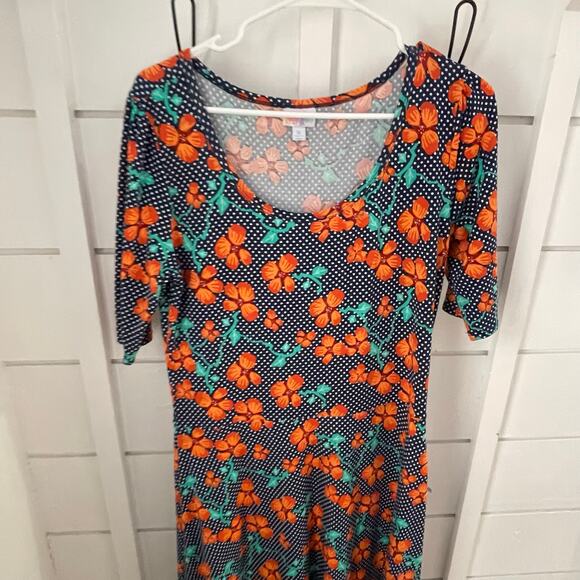 Lularoe Anna Dress Large Navy White Dot w/orange Floral Fall EUC - Picture 8 of 8